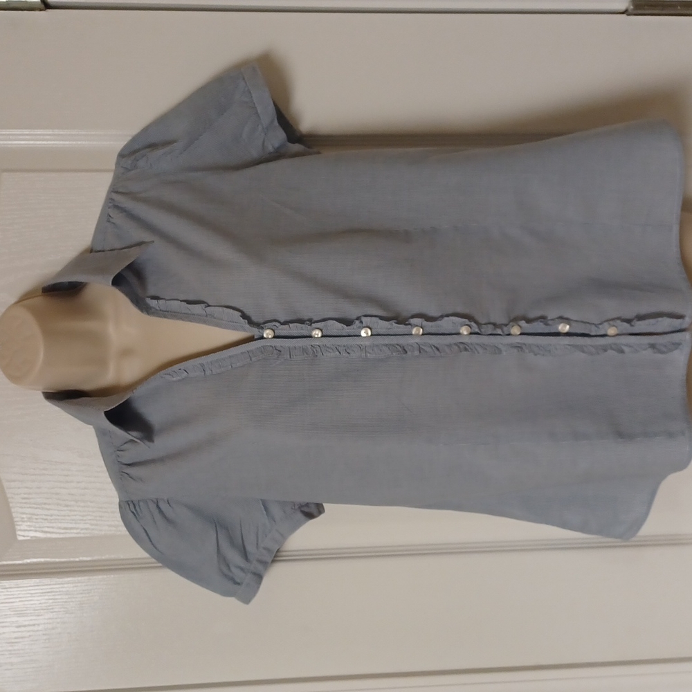 ANN TAYLOR LOFT Cotton Ruffle Button Down  Blouse Size 12 Blue Puffed Sleeve